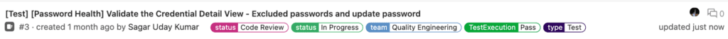 A screenshot of example status labels. The labels include Code Review, In Progress, Quality Engineering, Pass, and Test.