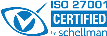 A white rectangular badge. On the left is a simple drawing of a blue eye with a white checkmark through the pupil. On the right, the words ISO 27001 Certified by Schellman appear in blue and white letters.