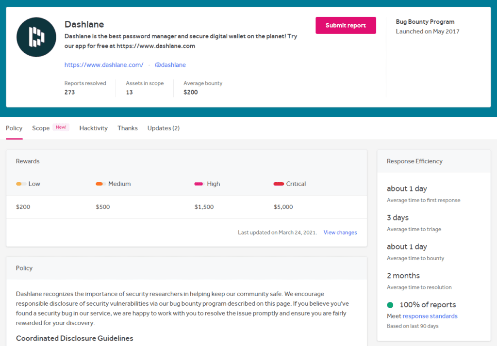 A screenshot of Dashlane’s page on the HackerOne platform