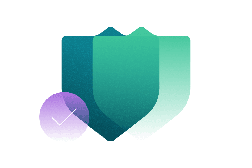 A blue and green illustrated shield on a white background. On the left of the shield is a small illustrated purple circle with a white checkmark inside it.