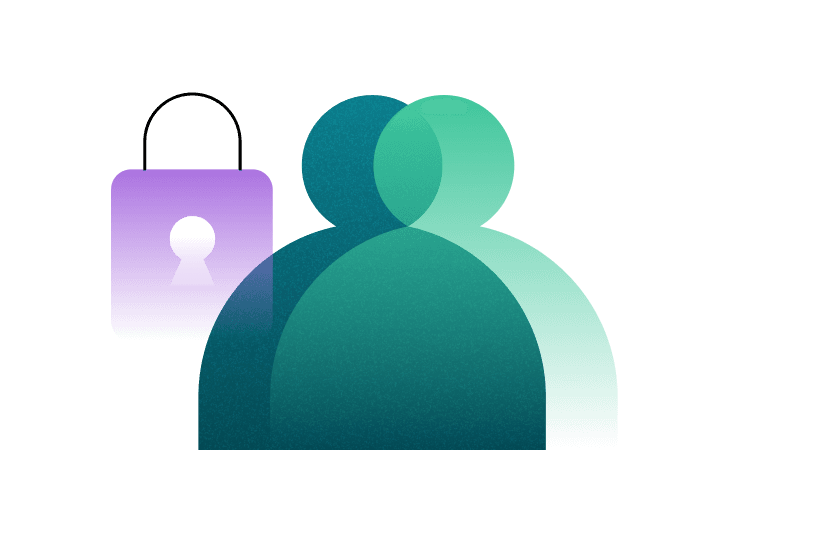 An illustration on a white background. An illustrated purple lock with a white keyhole is on the left and a simplified green illustration of a person is on the right.