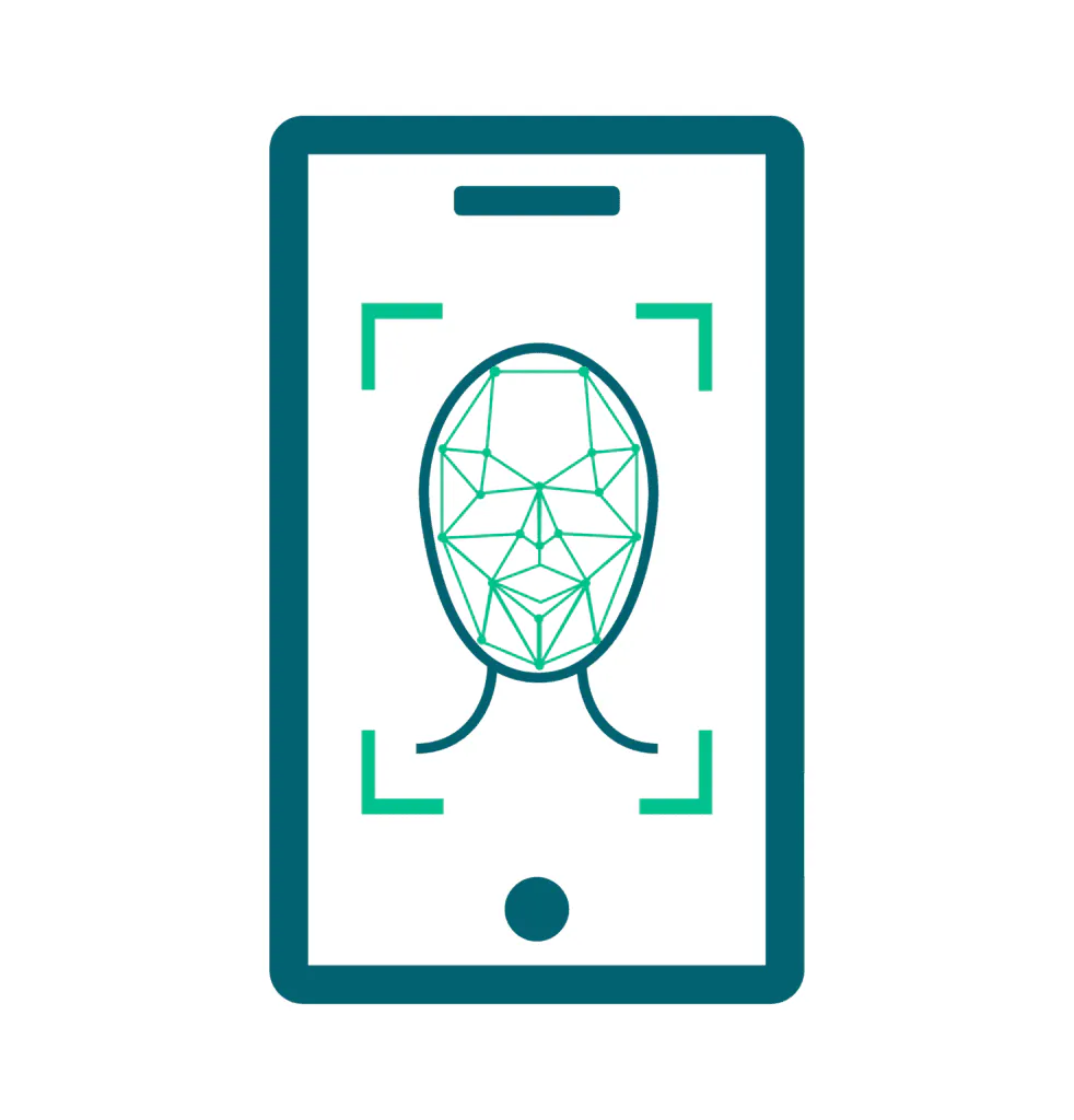A graphic of facial recognition on a mobile phone as an example of a biometric authentication factor.