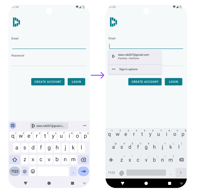 Screenshots showing how passkeys from Dashlane are displayed on Android 15 as keyboard autofill suggestions or as a drop-down under the selected field.