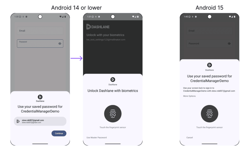 Comparison of Dashlane biometric unlock methods on two Android devices. The left device uses saved passwords for login; the right device employs a unified unlock screen in Android 15.