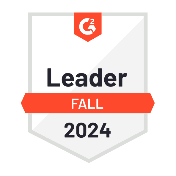 A G2 white award badge that reads “Leader” in black text at the top, “Fall” in white text on a red background in the middle, and “2024” in black text at the bottom.