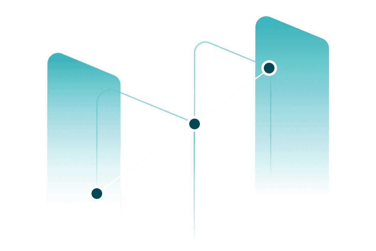 An illustration of two light green vertical dashes on a dark green background. The dashes are connected by diagonal white lines with white circle outlines on them.
