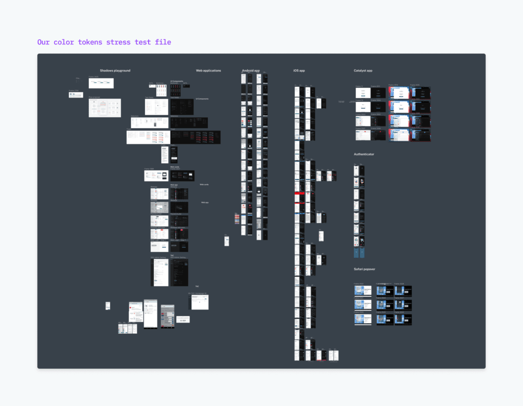 Image labeled “Our color tokens stress test file” featuring dozens of screenshots of the Dashlane password manager interface depicting various color tokens.