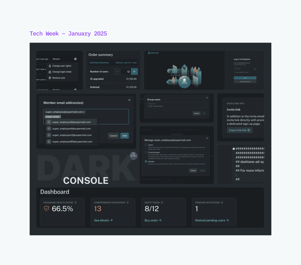 A screenshot of the Dashlane dark theme being used in the product as part of Dashlane’s January 2025 tech week.