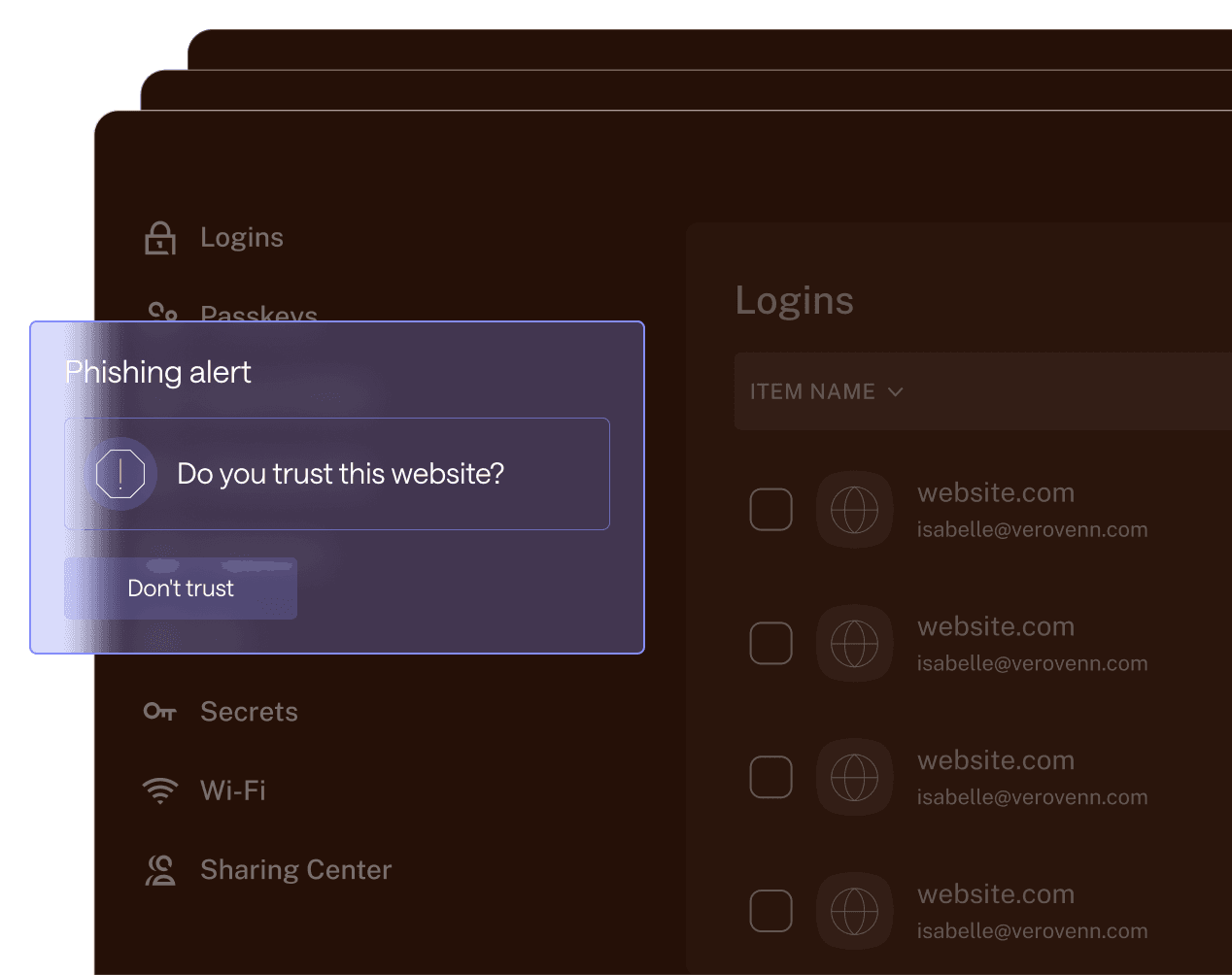 Illustration of the vault phishing alerts and employee might get as they browse.