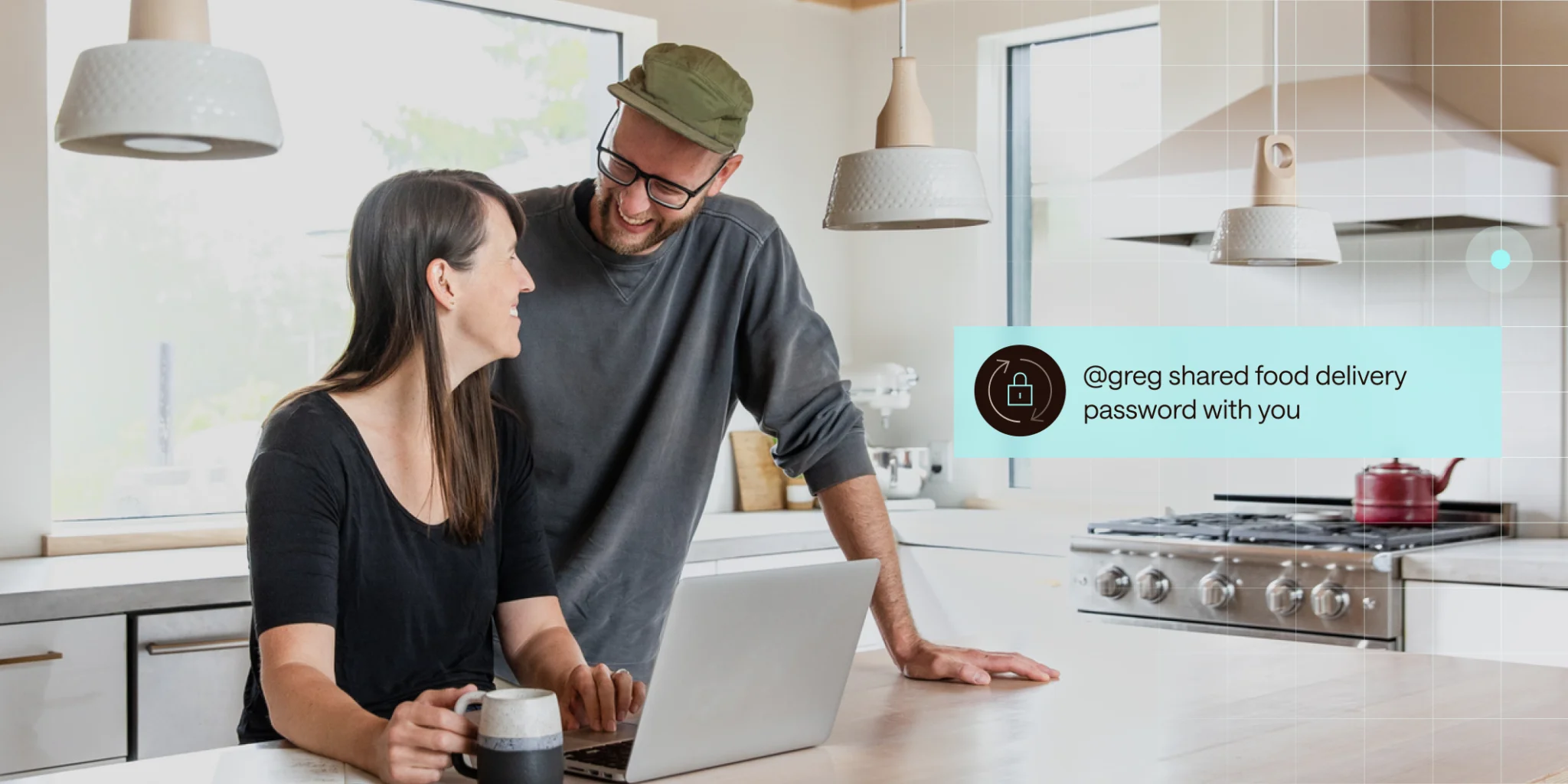 Image of two family members working at a computer, overlaid with a screenshot of Dashlane’s secure password sharing feature.