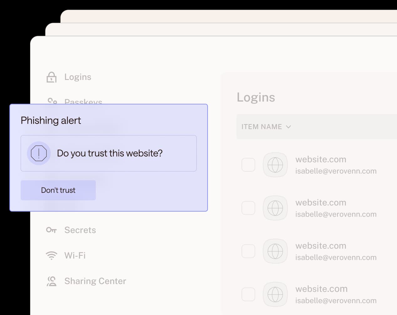 Illustration of personal password management vault and built-in phishing alerts.