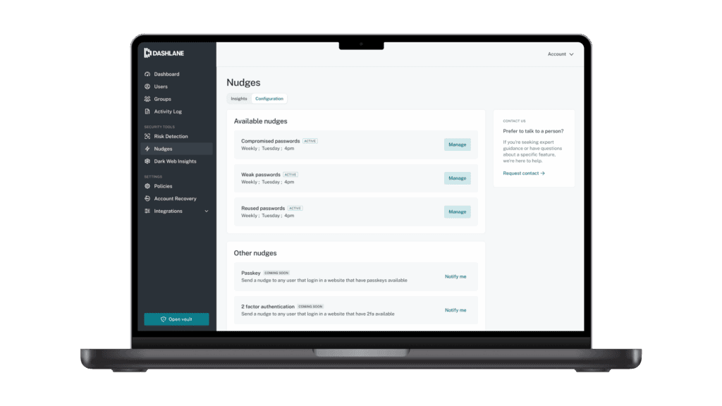 A laptop screen shows the Dashlane Nudges dashboard for admins
