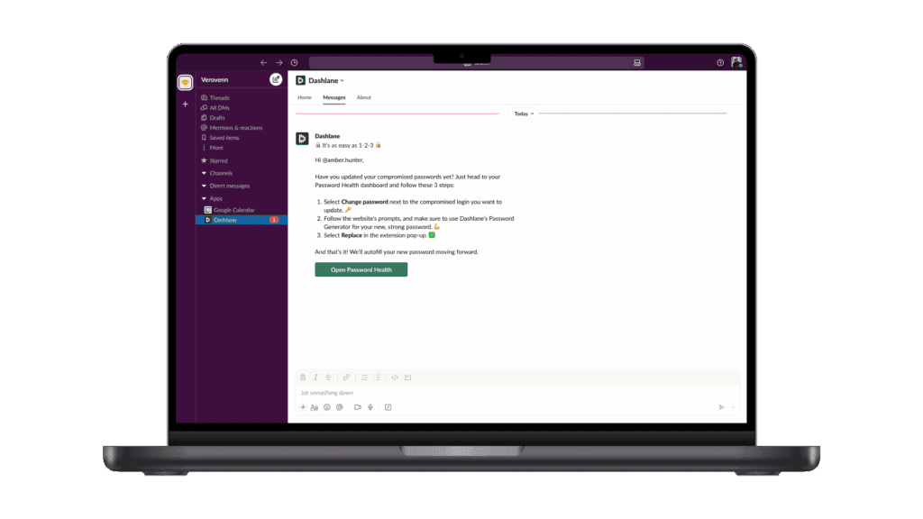A laptop screen shows an automated Nudge from Dashlane to an employee in Slack. The Nudge encourages the employee to improve their Password Health score, with step-by-step instructions and a large green button that says "Open Password Health."