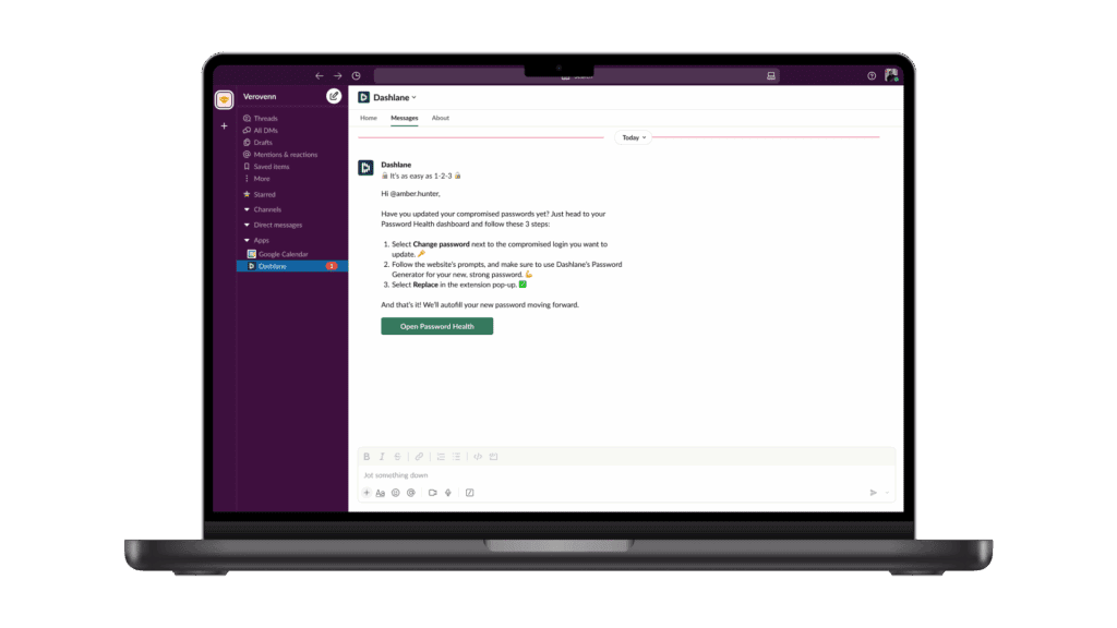 A laptop screen shows an automated Nudge from Dashlane to an employee in Slack. The Nudge encourages the employee to improve their Password Health score, with step-by-step instructions and a large green button that says "Open Password Health."