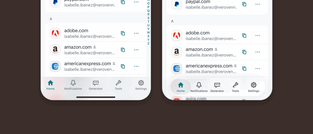Alt text: A screenshot on the left shows the bottom of the Dashlane password manager mobile app’s pre-iOS 26 user interface. A screenshot on the right shows the same thing but with the Liquid Glass design language applied, which means the user’s location in the app is presented more clearly at a quick glance on the app’s navigation menu.