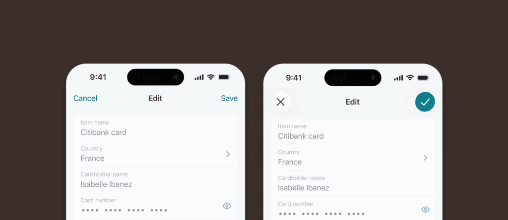 A screenshot on the left shows the top of the Dashlane password manager mobile app’s pre-iOS 26 user interface, with Citibank card details shown on the screen as an example. A screenshot on the right shows the same thing but with the Liquid Glass design language applied, which means the menu on the right replaces “Cancel” and “Save” with simple icons.