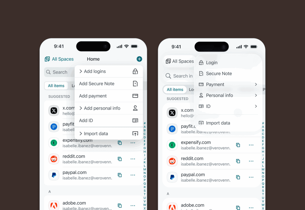 A screenshot on the left shows the Dashlane password manager mobile app’s pre-iOS 26 user interface for vault list, with a pop-up of options, like Add logins and Add Secure Note. A screenshot on the right shows the same thing but with the Liquid Glass design language applied, which means icons to the left of each option and a larger row height.