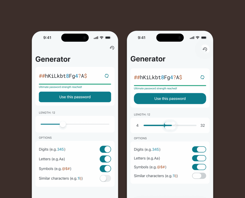 A screenshot on the left shows Dashlane password manager mobile app’s pre-iOS 26 user interface for its password generator. A screenshot on the right shows the same thing but with the Liquid Glass design language applied, which means rounder buttons and more oblong toggles, among other small but important changes.