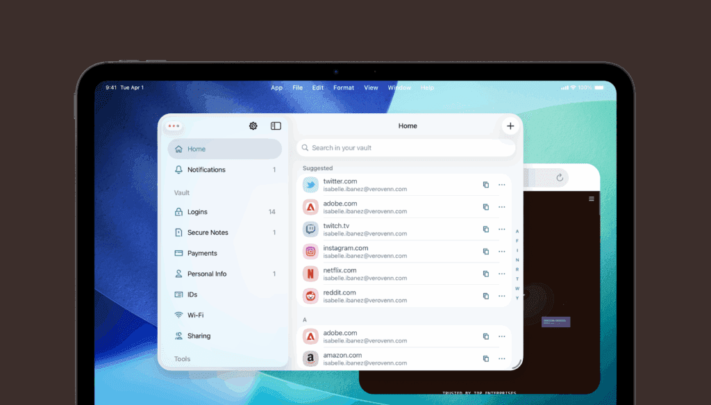 A screenshot shows the Dashlane password manager on an iPad screen. Dashlane takes up part of the screen, with another app partially visible behind it.