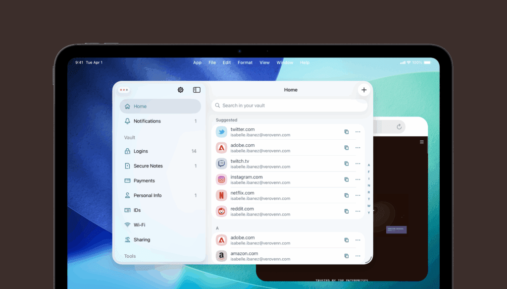 A screenshot shows the Dashlane password manager on an iPad screen. Dashlane takes up part of the screen, with another app partially visible behind it.