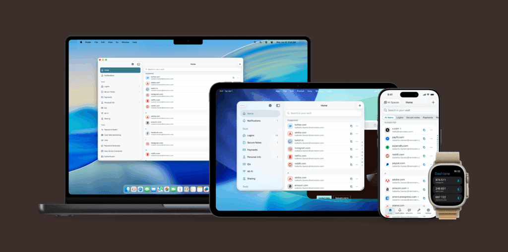 A screenshot shows the Dashlane password manager on a desktop, iPad, mobile device, and Apple watch.