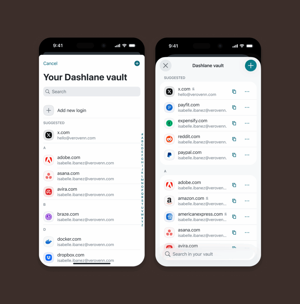 A screenshot on the left shows the mobile app version of the Dashlane password manager vault with the pre-iOS 26 user interface. A screenshot on the right shows the same thing but with the Liquid Glass design language applied, which means the menu at the top is clearer and simpler and the search function is now at the bottom.