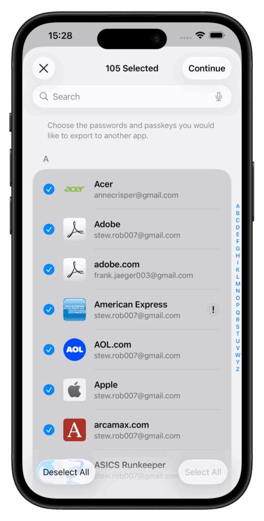 A screenshot of the mobile Apple Passwords app shows a list of saved logins, all with a blue check to their left marking them as selected.