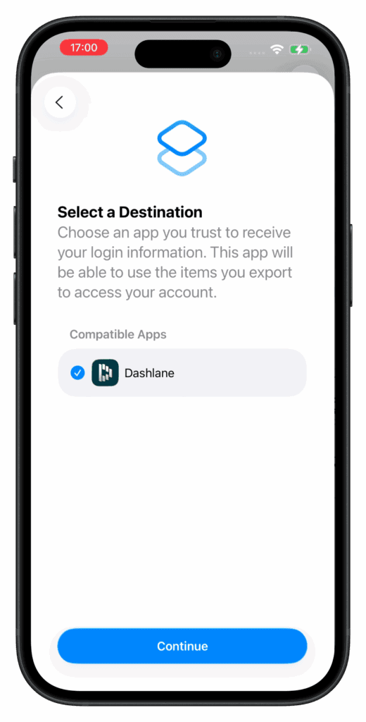 A screenshot of the mobile Apple Passwords app says “Select a Destination” at the top, with Dashane selected beneath it.