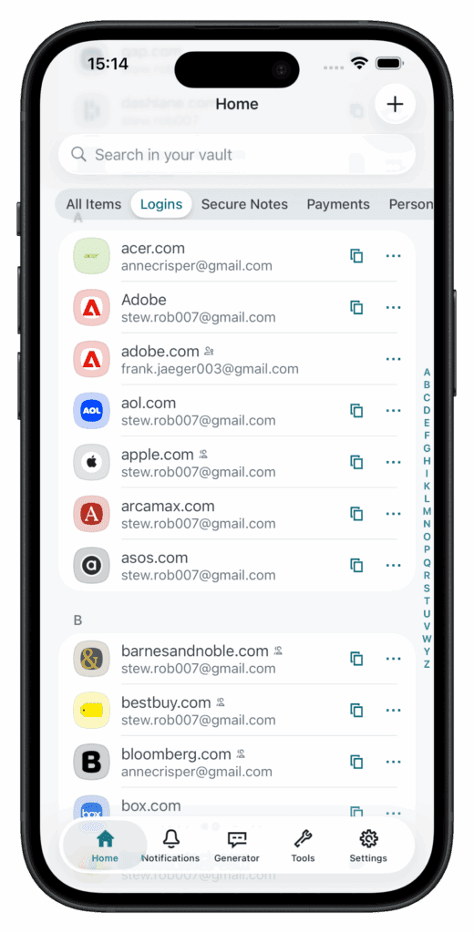 A screenshot of the mobile Dashlane app shows a long list of logins.