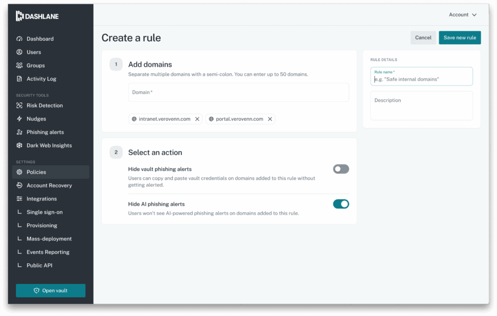 A screenshot of the Dashlane Admin Console’s “Create a rule” page under Policies shows a section where admins can add domains, followed by a section where admins can select an action: 1) Hide vault phishing alerts or 2) Hide AI phishing alerts.