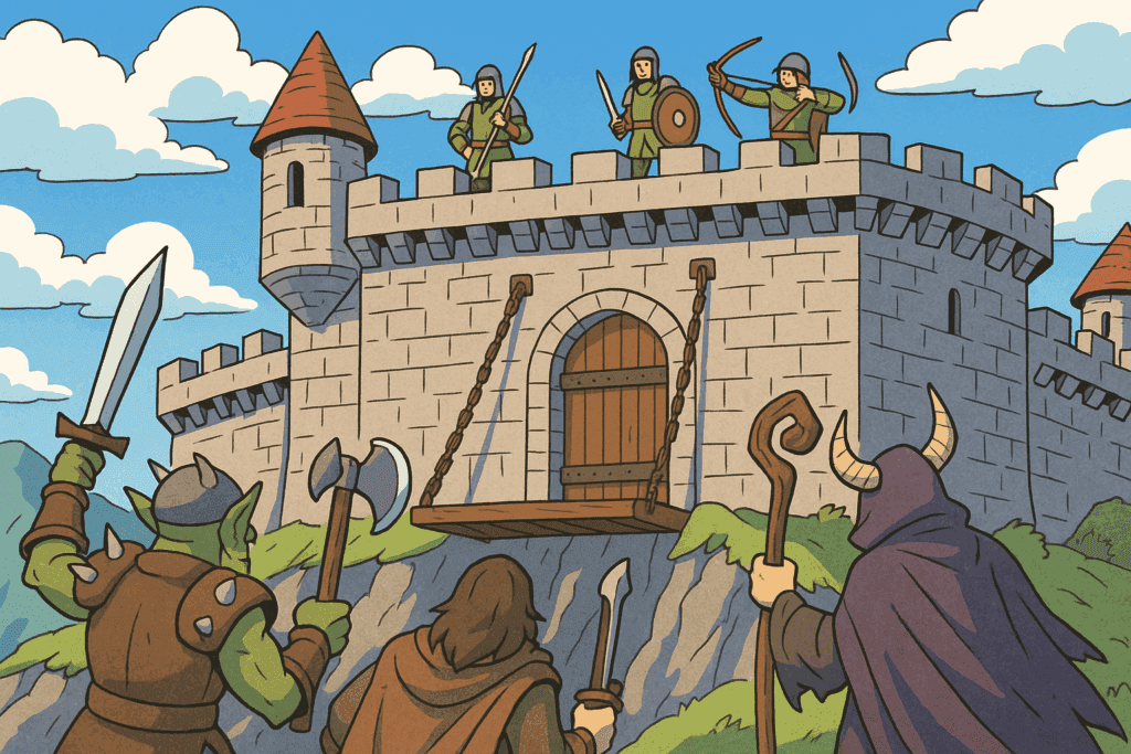 An AI-generated image shows a medieval scene featuring three soldiers atop a castle wielding weapons to defend the castle from three armed attackers.