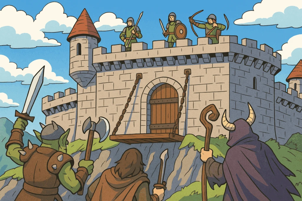 An AI-generated image shows a medieval scene featuring three soldiers atop a castle wielding weapons to defend the castle from three armed attackers.