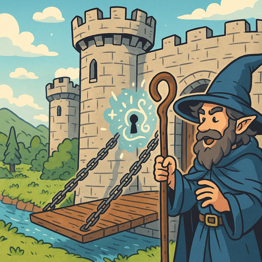An AI-generated image shows a wizard in a blue cloak and hat holding a magical staff. The wizard stands before a medieval castle with the drawbridge down.
