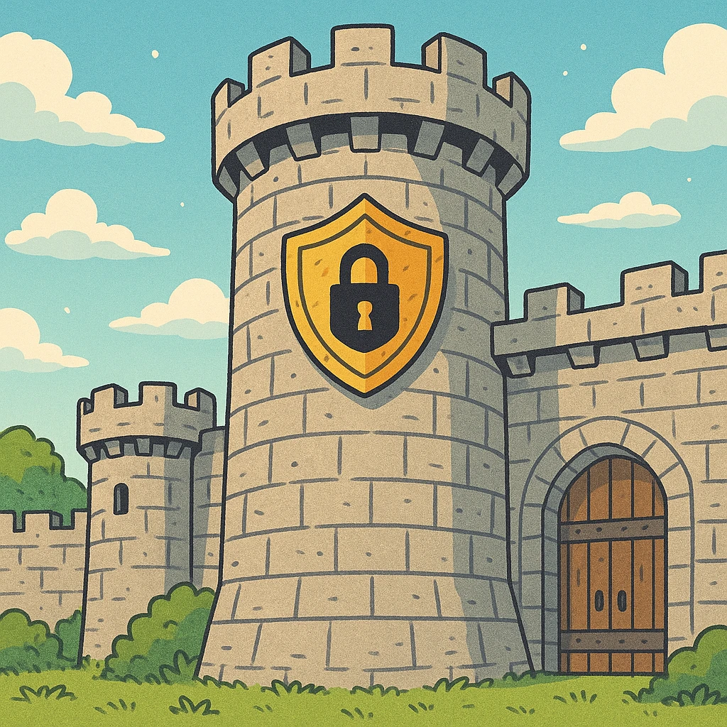 An AI-generated image shows a close-up of a medieval castle with a turret featuring a large gold badge with a black lock icon on it. The lock is closed.