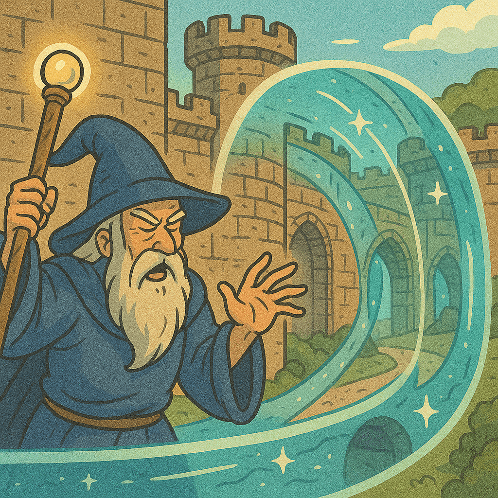 An AI-generated image shows a wizard in a blue cloak and hat holding a staff. The wizard is using magic to protect the medieval castle behind him.