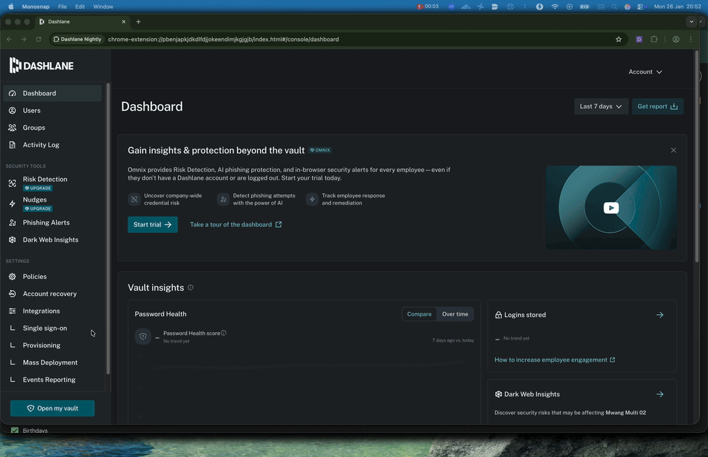 A GIF shows the Developer Access screen in the Dashlane Admin Console, with a “Generate a new CLI key” box appearing on top.