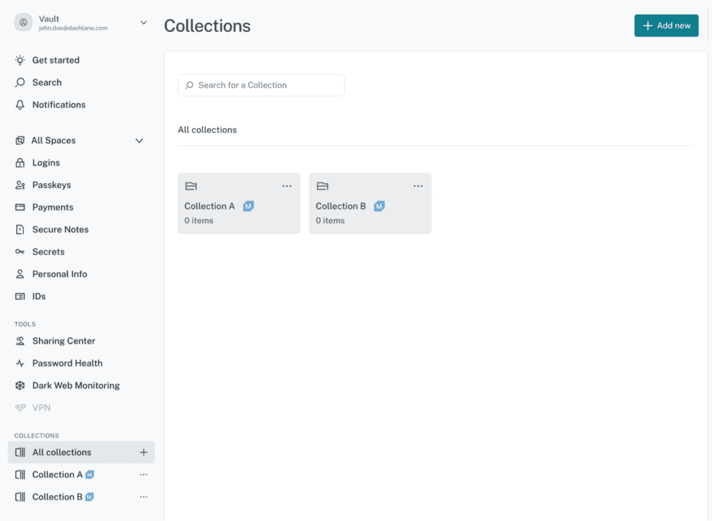 The Collections page in Dashlane shows a search bar at the top and an “Add new” button. Below that are two credential collections, one labelled Collection A and one labelled Collection B.