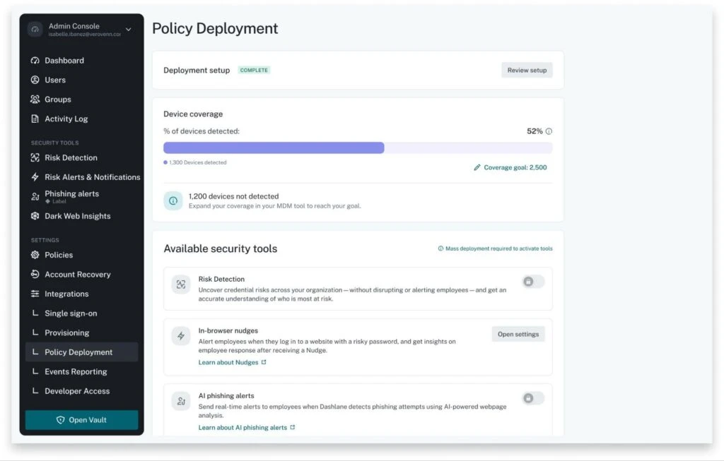 The Dashlane Admin Console’s Policy Deployment page shows a Device Coverage panel with 52% of devices detected (1,300 of a 2,500 device coverage goal), a progress bar, and a prompt to expand coverage to reach the goal.