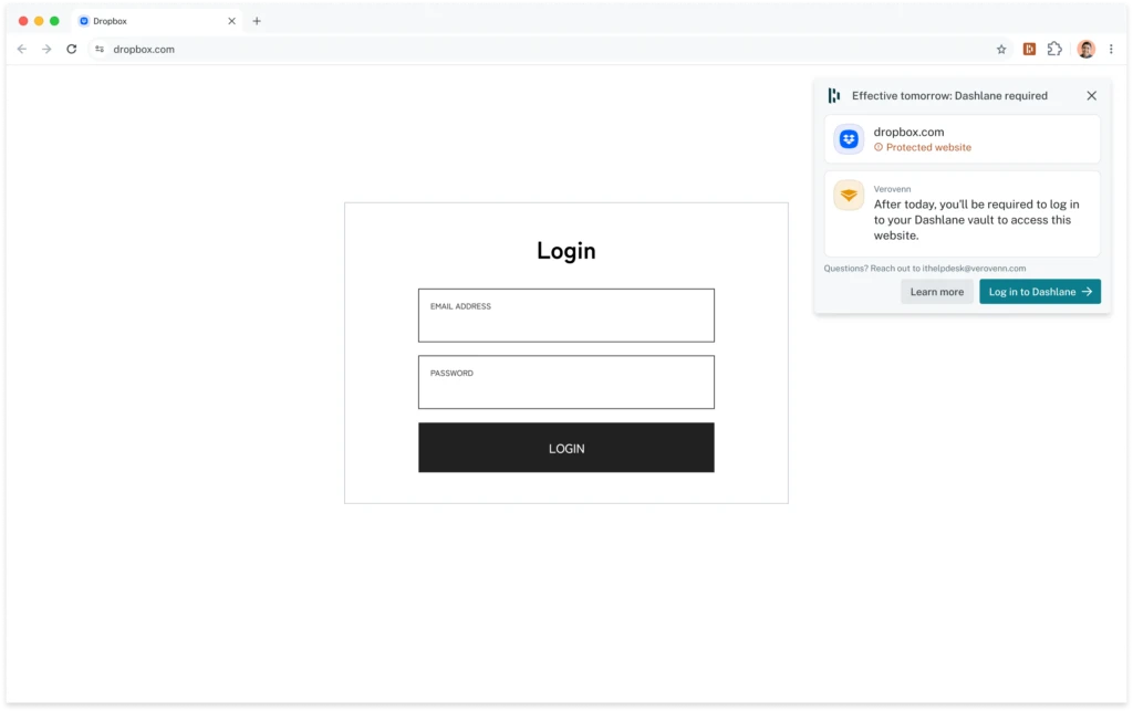 Screenshot of a browser showing a plain login form on dropbox.com, with a Dashlane notification panel on the right titled "Effective tomorrow: Dashlane required." The panel flags dropbox.com as a protected website and explains that starting tomorrow, the fictional company "Verovenn" will require employees to log in through their Dashlane vault to access the site, with a link to learn more and a "Log in to Dashlane" button.