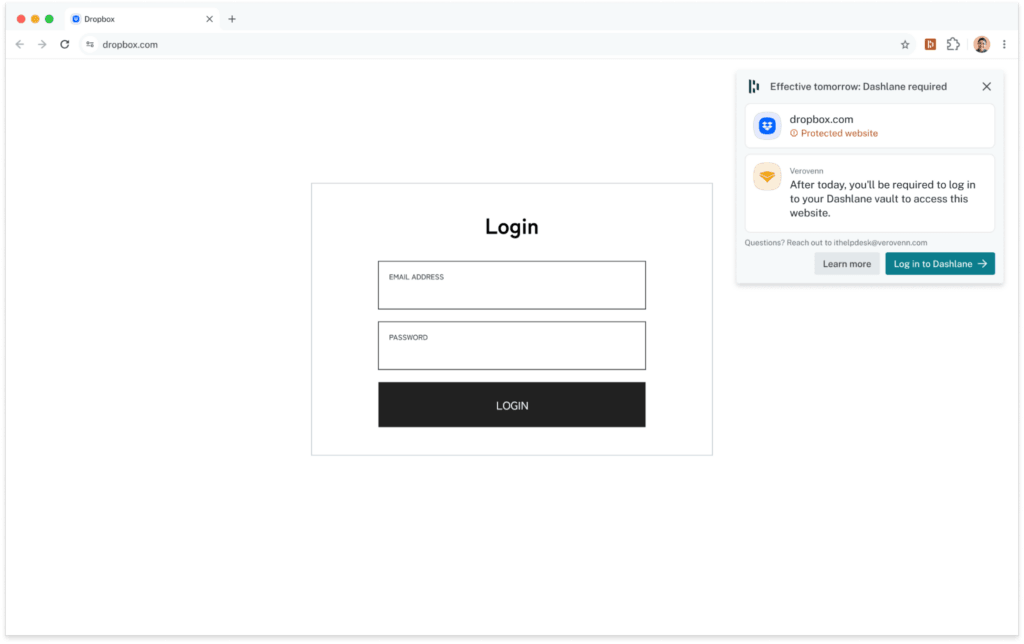 Screenshot of a browser showing a plain login form on dropbox.com, with a Dashlane notification panel on the right titled "Effective tomorrow: Dashlane required." The panel flags dropbox.com as a protected website and explains that starting tomorrow, the fictional company "Verovenn" will require employees to log in through their Dashlane vault to access the site, with a link to learn more and a "Log in to Dashlane" button.