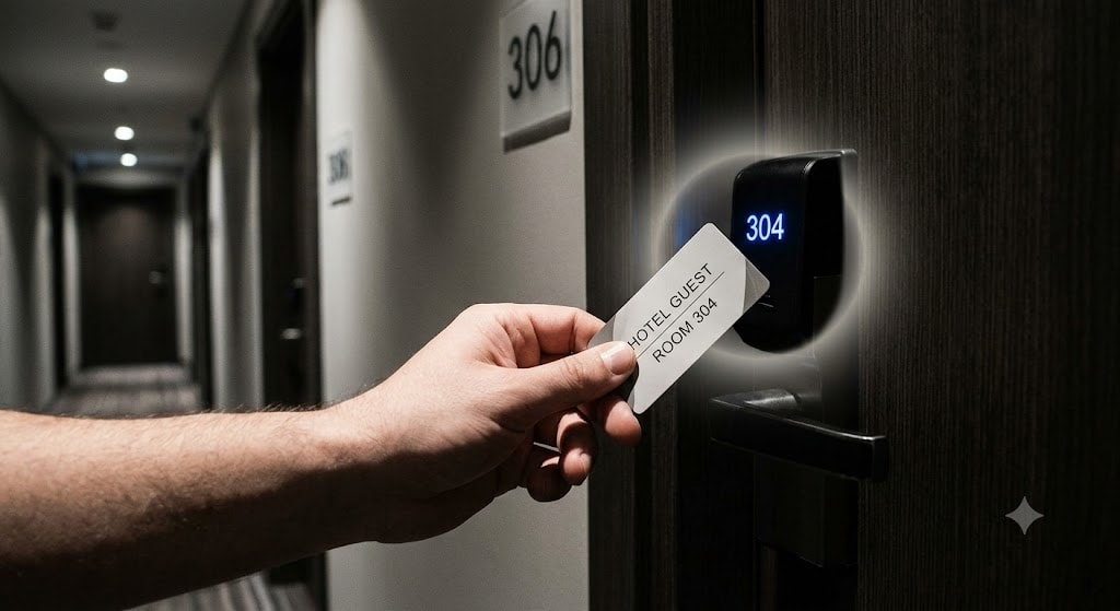 A hand holds a key card labeled "Hotel Guest, Room 304" up to a glowing electronic door lock displaying "304" in a dim hotel hallway.
