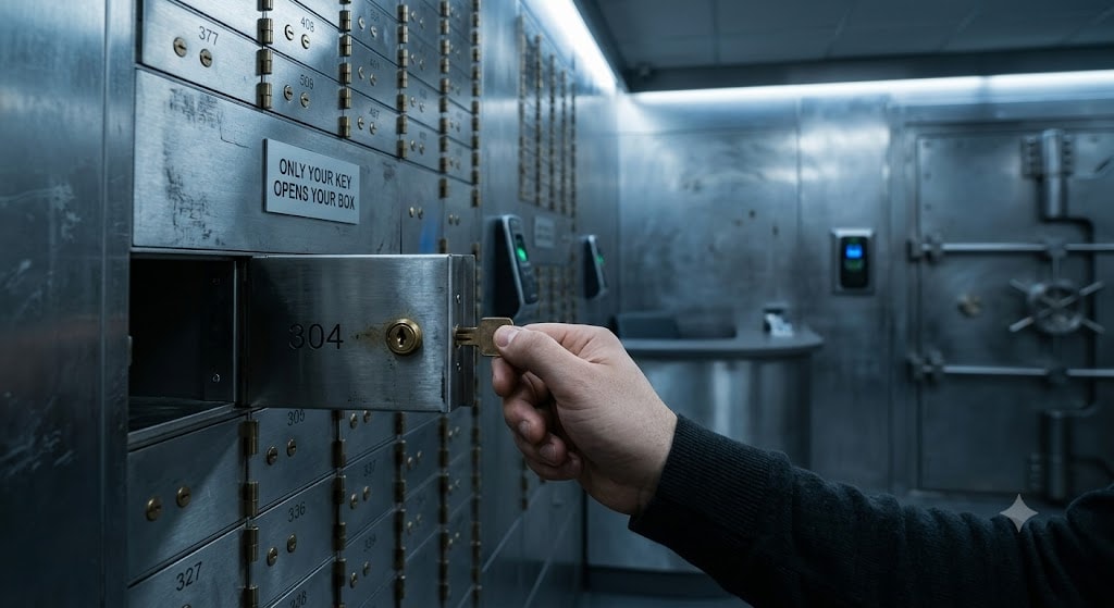 A hand turns a key in the lock of safe deposit box 304, which slides open from a wall of numbered steel boxes in a bank vault. A sign above reads "Only your key opens your box." A large vault door and biometric scanners are visible in the background.